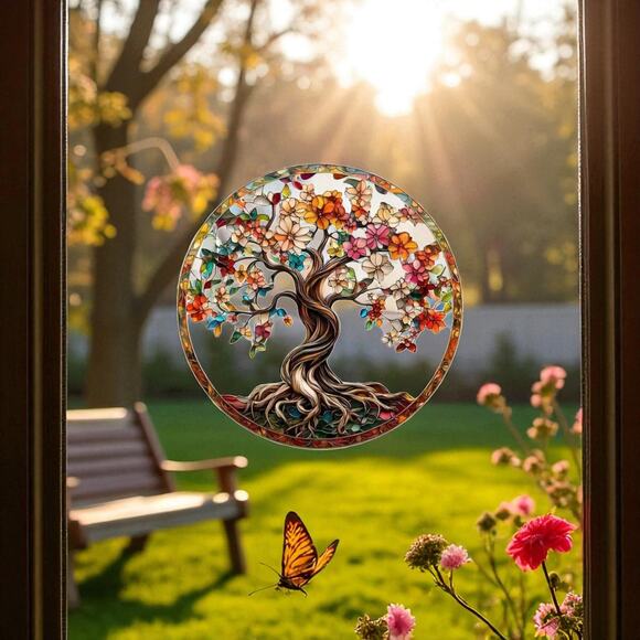 Tree of Life Suncatcher 9" Acrylic Stained Glass Autumn Flowers - Picture 4 of 5